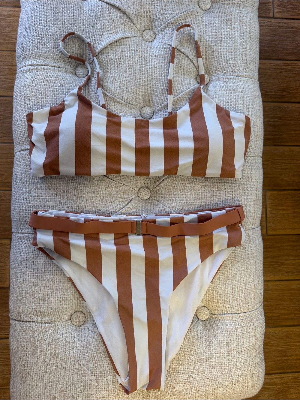 Envya Striped High-Waist Bikini Set in Brown and White Medium